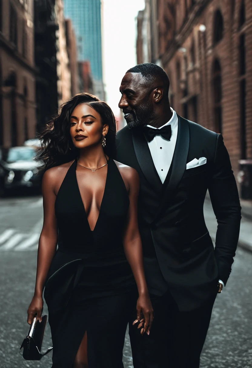 a woman in a black suit and a man in a black tuxedo, alena aenami and Idris Elba, an elegant Couple, beautiful city alone black woman, lovely Couple, Dark skin, anato finnstark and alena aenami, photorealistic perfect body, Ebony, ( ( Dark skin ) ), sharp black skin, Couples portrait, Couple, Couple pose