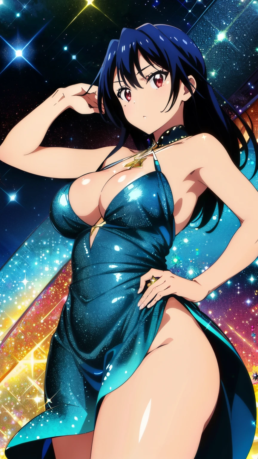(Best Quality, 8K, High Resolution, Masterpiece: 1.2), High Definition, Anime Art Style, Anime Color, Solo, Girl, (Sparkly dress, Shiny dress, Thighs), Large Medium Tits, Solo, Stylish Pose, Stylish Angle, Viewing Cowboy shot in the center of the image,
