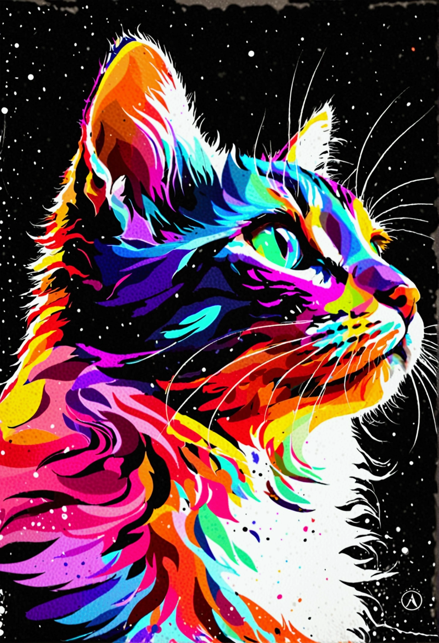 colorful logo, Minimalist cute kitten head vector art logo illustration, 正面, magical, Sharp design, soft, Monochromatic color, Dark magical colorful splash paint, t shirt design, Studio Ghibli style, o design deve ser arte vetorial . Usando Adobe Illustrator, Create a cleanse, Logotipo simples, but captivating. Keep the design focused on the cat's eye, Capture your uniqueness and charm. The logo should evoke a sense of sophistication and tranquility. The emphasis on low-poly style adds a touch of luxury. The overall aesthetic should be sleek and modern, Relevant to your brand and logo goals, black backgrounds, ((Symmeter)) It's a small cat