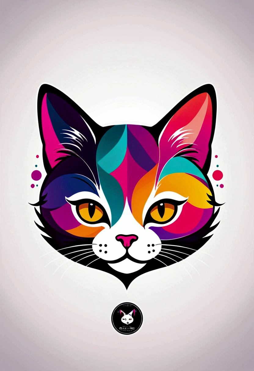 colorful logo, Minimalist cute kitten head vector art logo illustration, 正面, magical, Sharp design, soft, Monochromatic color, Dark magical colorful splash paint, t shirt design, Studio Ghibli style, o design deve ser arte vetorial . Usando Adobe Illustrator, Create a cleanse, Logotipo simples, but captivating. Keep the design focused on the cat&#39;s eye, Capture your uniqueness and charm. The logo should evoke a sense of sophistication and tranquility. The emphasis on low-poly style adds a touch of luxury. The overall aesthetic should be sleek and modern, Relevant to your brand and logo goals, black backgrounds, ((Symmeter))　It's a small cat