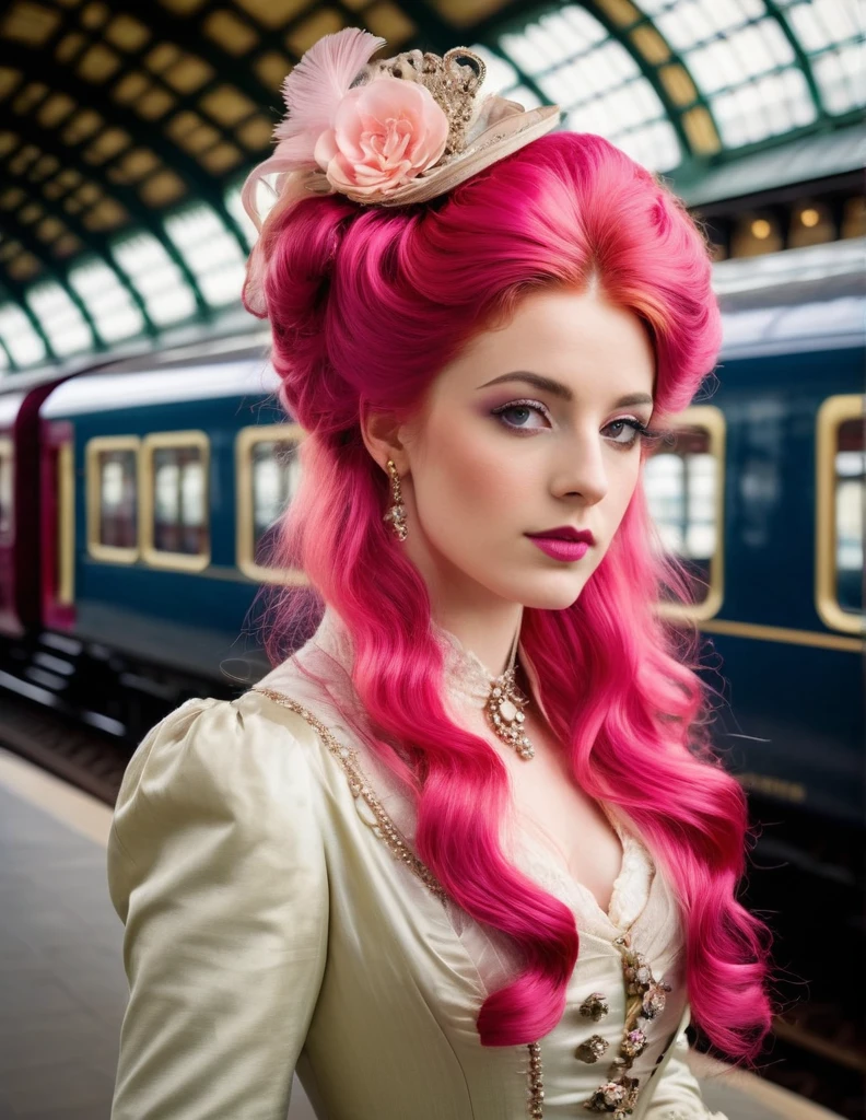 very attractive 25 year old female with long bright pink hair, ((Woman Portrait)), ((Belle Epoque)), High class Lady,( Victorian Fashion Style),(( Color Photo)), ( London), ((Train Station)), British Style, Nobleman, Elegantism,scene of opulence --c 22 --ar 27:40 --s 999 --v 6.0