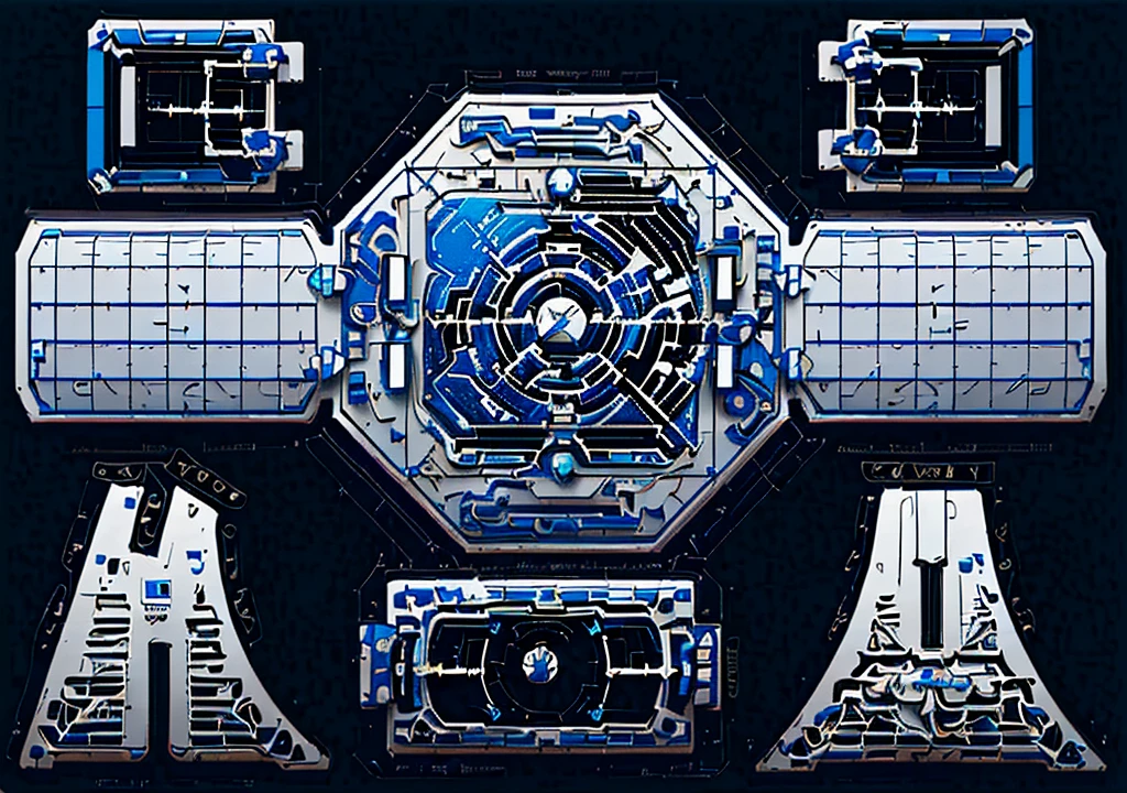 highly detailed panel cuts, highly detailed panel cuts,Plan of a small space station with computers, parts and components, simple Bionic explosion diagram, Very detailed schematic, Highly detailed toys, cyborg parts and components, Mecha details, Clean lines and flat colors, Mecha parts, Mechanical body, Bionic explosion diagram, Realistic shadow parts, Mechanical parts details