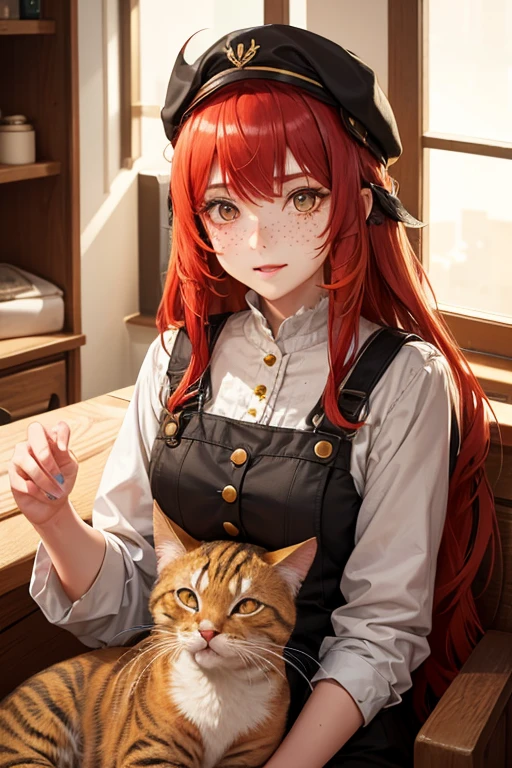 1 23 year old girl,fair skin with freckles on the face , with long red hair, gold eyes/ yellow with cat's pupil , wearing a small, delicate blue choker and a short leather jacket, on a dark background, mocking facial squeezing
