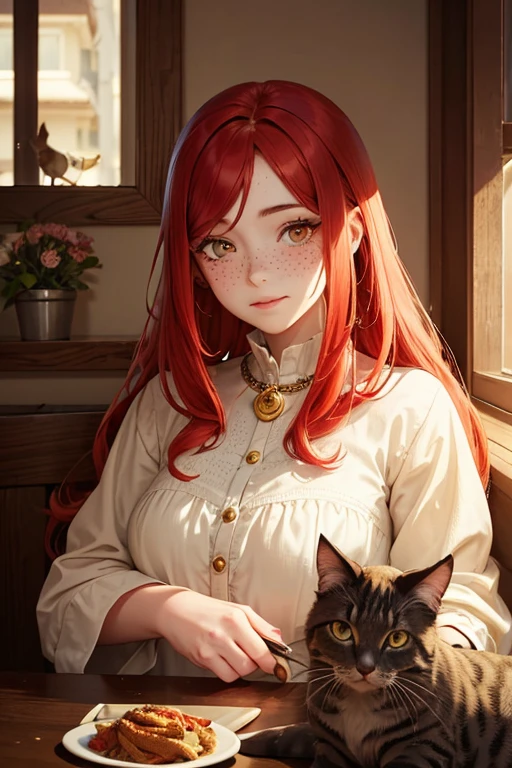 1 23 year old girl,fair skin with freckles on the face , with long red hair, gold eyes/ yellow with cat's pupil , wearing a small, delicate blue choker and a short leather jacket, on a dark background, mocking facial squeezing