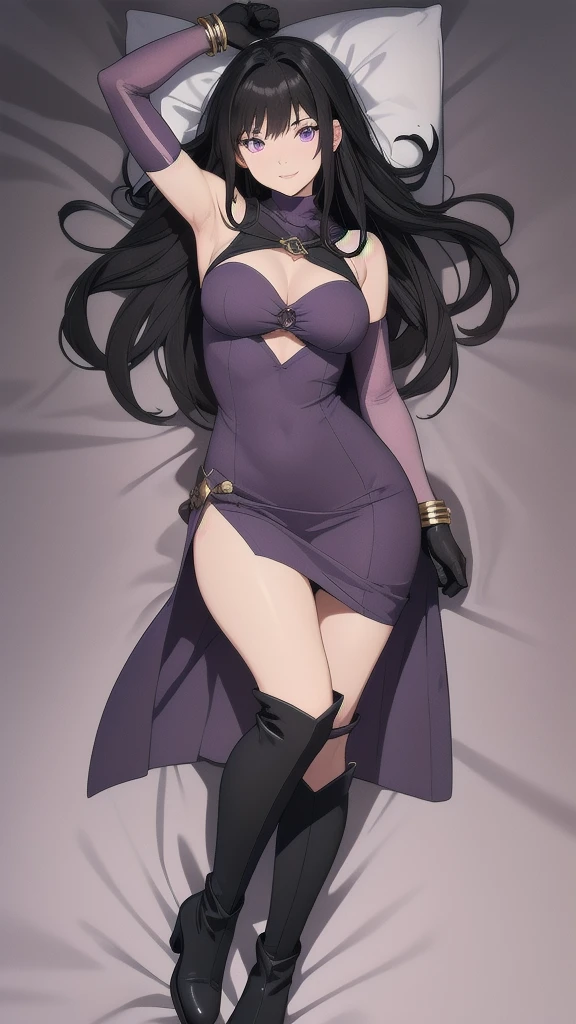 masterpiece, best quality, 1 solo girl, black hair, purple eyes, long hair, medium breasts, sexy body and face, wavy hair, smile, parted lips, gradient clothes, dress, elbow gloves, sleeveless, bare shoulders, cape, boots, bracelet, sleeveless dress, ribbon, black gloves, turtleneck, short dress, pantyhose, black footwear, night, sexy pose, cowboy shots, detailed body, face, and eyes, sharp focus, vibrant, creative, dynamic, high definition, high resolution, 8k, (Upscale: R-ESRGAN 4x+ Anime6mage enchance:4x), voluptuous body, cinema lightning, dakimakura style, looking at the viewer,