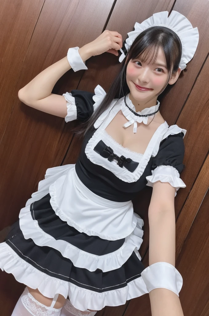 White tights、、Black Hair、1 girl、solo girl、had on own chest、smile、maid costume、garter belt,Uesaka Sumire