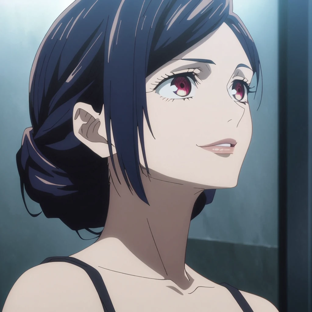 1girl, female gojo satoru, anime screencap from jujutsu kaisen, gojo satoru female version, solo, very long_hair, ((smooth texture hair)) ((red eyes)), ((elegant hairstyle, Dark blue_hair, side nangs)) night view, breasts, upper_body, smile, bangs, lips ((elegant hairstyle, side bangs )) wearing black color sweater, breast, "very detailed and high resolution" (red eyes)  ((smooth texture hair)) ((solo)) ((high resolution)) ((upper body)) (Good quality) ,  ((dark blue hair colour))