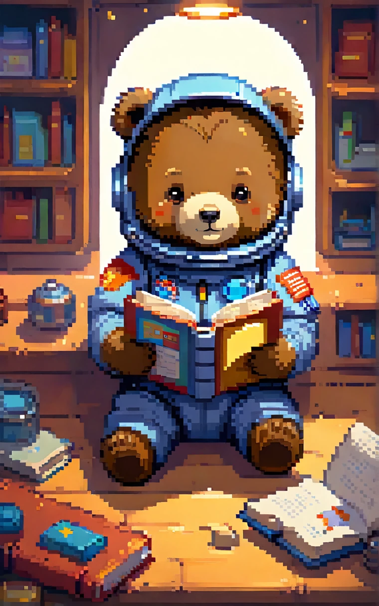 Cute cartoon style 1.3，There is a cute bear lying down and reading a book in his hands，Wearing a full space suit1.2，Has nice fur，Complex design，Up to 16k，best quality，masterpiece