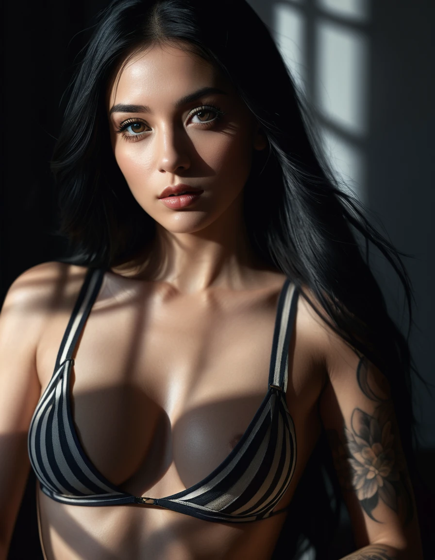 a beautiful nude woman, detailed eyes, long black hair with white stripes, tattoo on breast, delicate skin, graceful pose, dramatic lighting, cinematic composition, rich color palette, photorealistic, (best quality,4k,8k,highres,masterpiece:1.2),ultra-detailed,(realistic,photorealistic,photo-realistic:1.37),cinematic,dramatic lighting,intricate details,cinematic composition,chiaroscuro lighting,volumetric lighting,dramatic shadows,moody atmosphere,sensual,alluring,captivating.