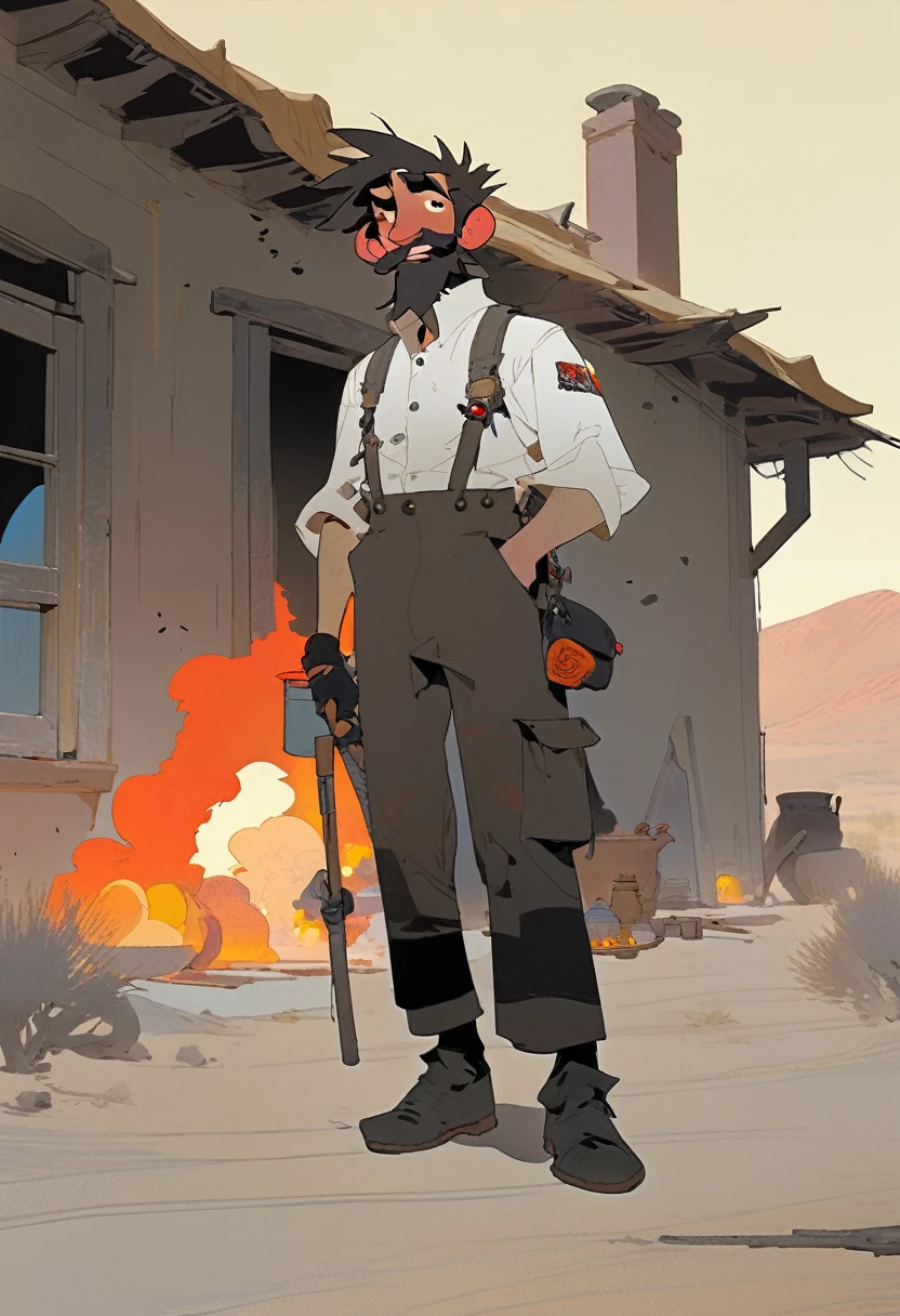 score_9, score_8_up, score_7_up, score_6_up, score_5_up, score_4_up, 2man, Western, gunslingers, dueling, Desert, red sun, scorching sun, arid, Horizon, far away, black wavy Messy hair, burnt hair, Leather apron, White button-down shirt, black pants patched, Failed beard, young adult, Thin, full body, Holding a Dynamite bomb, outside a house in the desert, Dirty with soot, Laughing, explosives, dynamite, Hunchback, Poorly groomed beard, failed beard, Fire, Embers, ashes, cartoon