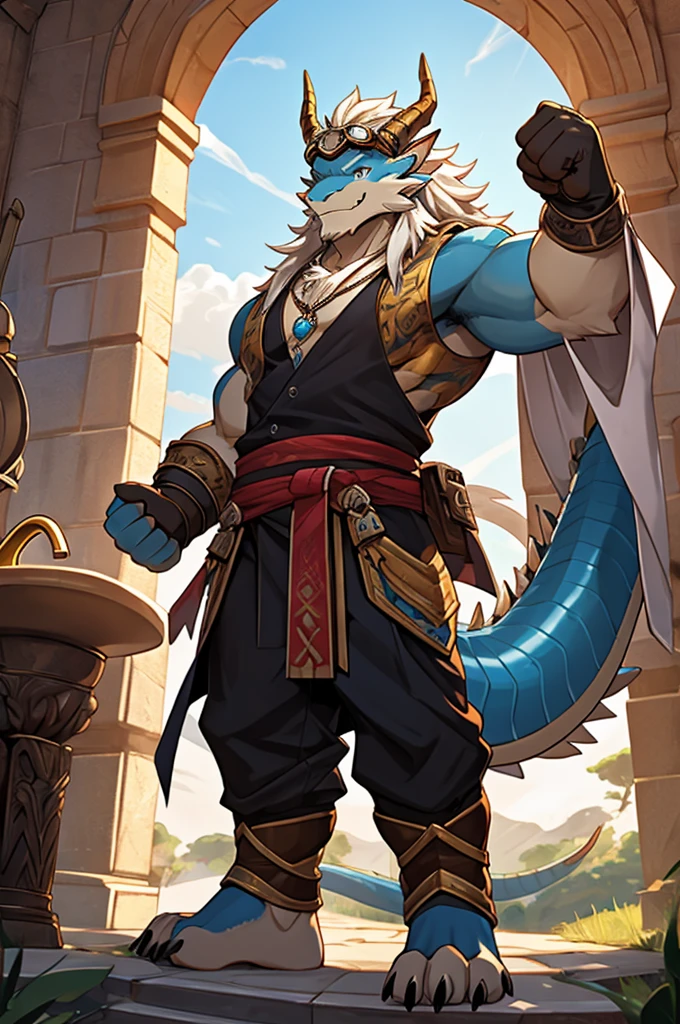 HD,noon,Blue sky,castle,grassland,Single player,Western dragon animal humanoid,hairy,juvenile,Cute face,Strong body,Male image,Full body standing,Short hair details,Western faucet,golden dragon horn,Golden beard,White jaw hair,Golden back hair,White belly hair,White mane extends from the top of the head to the tail,Thick and long dragon tail,White hair on the tip of the tail,Golden arm,Golden paws,Left Fist,Left Fist上附有闪电,The right hand naturally droops,The limbs are dragon claws,4 Gold Finger,4 golden toes,Pink pads on the palms and soles,,Lift one foot,Show your soles,Look to the left,A happy expression with tongue sticking out slightly,blue eyes ,Cute eyes ,Black vest,Expose the chest and abdomen,black rubber tights,Silver sapphire necklace,Wear goggles on your head,Metal combat gloves on hands,Wear a metal belt around your waist,permanent。