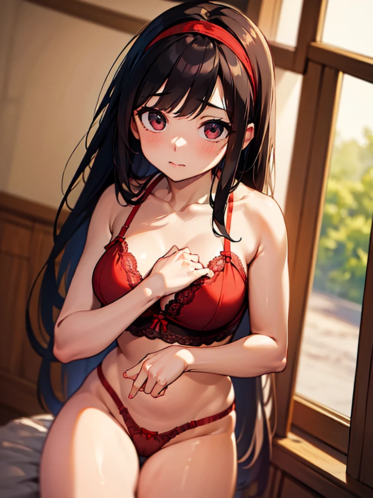 (Masterpiece, best quality, high res、highly detailed cg: 1), 'Are you sure your first time having sex is with your aunt?' Create a picture of a married woman who is shy and seems less than full of being seen as a woman. Her expression is a mixture of embarrassment and slight pleasure, and her body movements show a little awkwardness and a little pride. Make this a suitable place for the sex that is about to take place. ((lingerie set, red ribbon, hair band)), 39 years old, nsfw, Rutting eyes