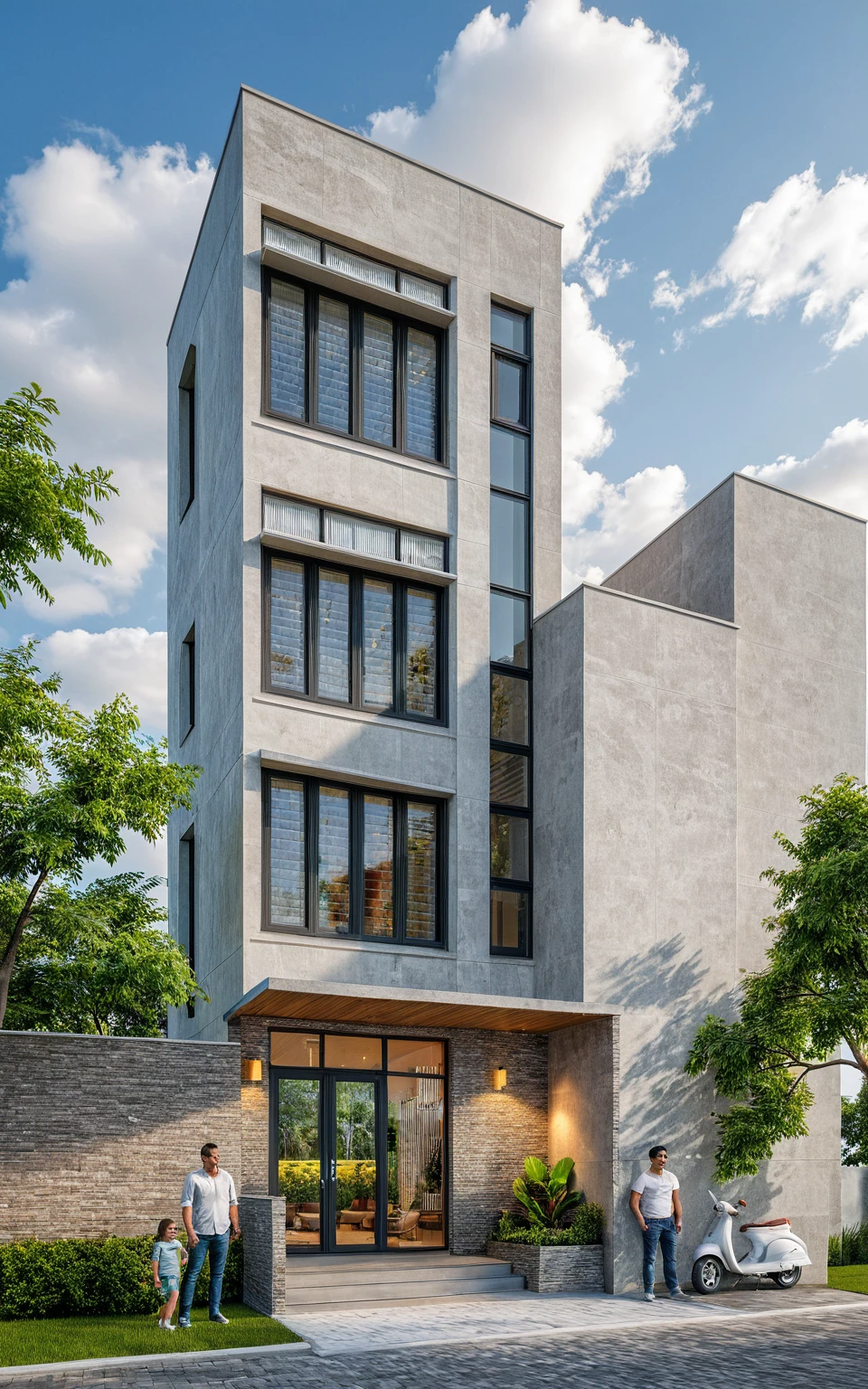Masterpiece, high quality, best quality, 3d rendering, super detailed, outdoor, two-story villa, aiaigroup, modern house style on the street, stairs, road, sidewalk, grass, trees, sky, clouds, (daylight: 1.1)
