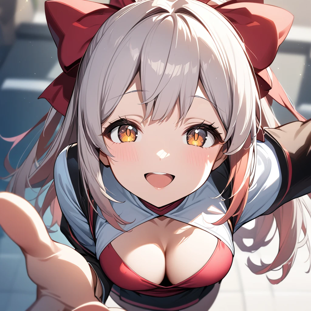 1girl, ultra high res,smile, open mouth, large chest, cleavage, perspective is from above girl's face, girl looking up a viewer , hand reaching to viewer