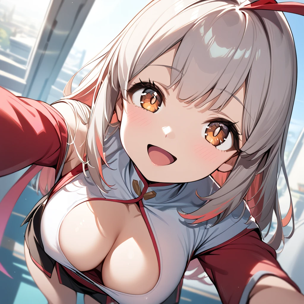 1girl, ultra high res,smile, open mouth, large chest, cleavage, perspective is from above girl's face, girl looking up a viewer , hand reaching to viewer