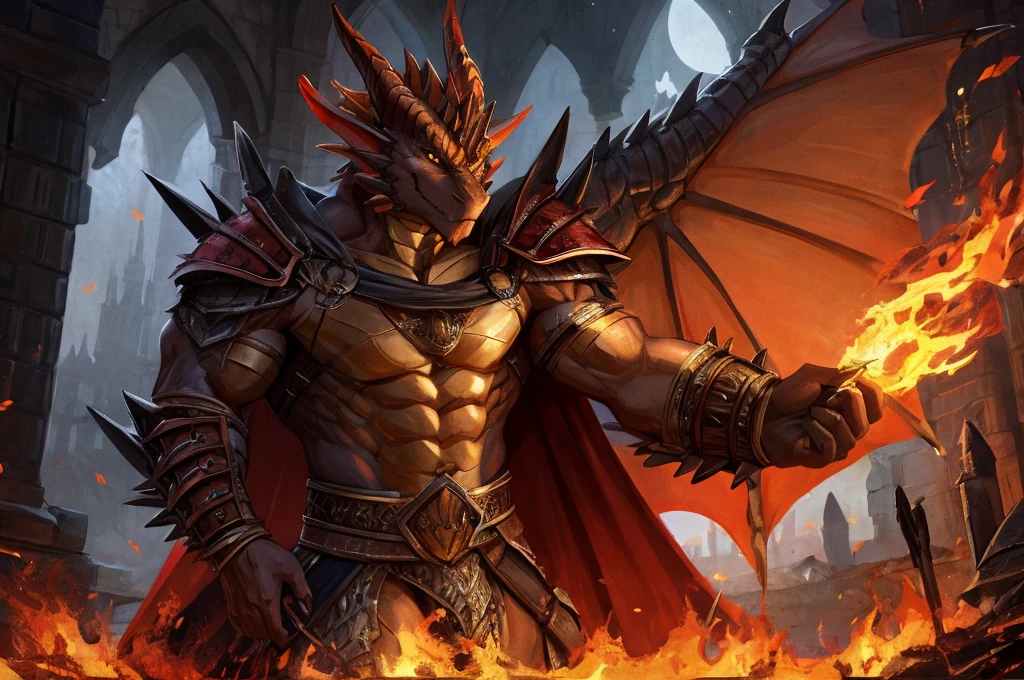 large attractive muscular male anthro dark red dragon Massive, extremely muscular, big scaled male pectorals, looks protective and possessive, seductive, wearing spiky armor, large muscles, yellow dragon eyes, dragon wings, red horns pointing backwards with spiked scales, big crotch, Black cape with Viking runes, two red metal shoulder pads with straps on the elbows, red metal bracelets with gold decorations on the wrists, sideview alone, in a dark midnight, medieval ,destroyed castle in flames, fog, midnight dark ambient