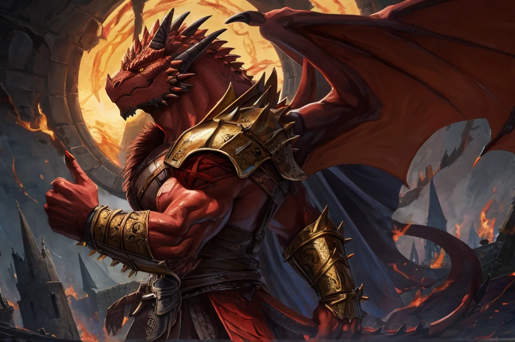 large attractive muscular male anthro dark red dragon Massive, extremely muscular, big scaled male pectorals, looks protective and possessive, seductive, wearing spiky armor, large muscles, yellow dragon eyes, dragon wings, red horns pointing backwards with spiked scales, big crotch, Black cape with Viking runes, two red metal shoulder pads with straps on the elbows, red metal bracelets with gold decorations on the wrists, sideview alone, in a dark midnight, medieval ,destroyed castle in flames, fog, midnight dark ambient