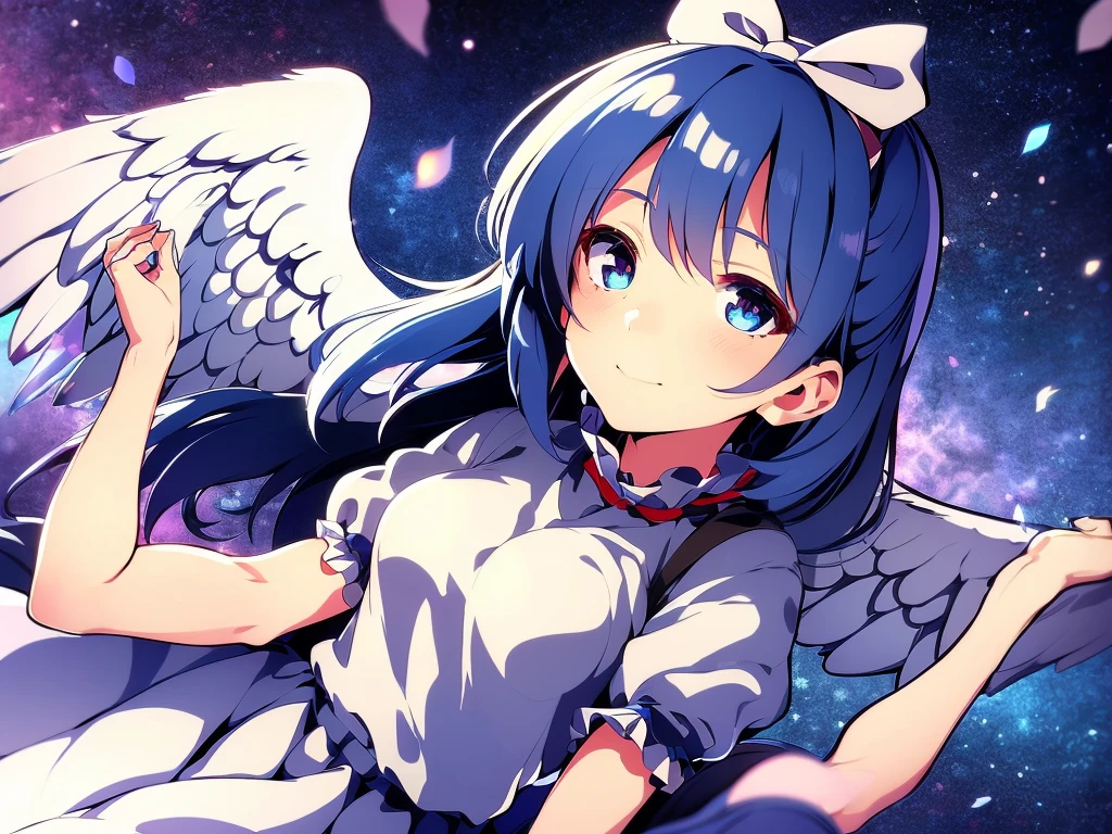 (best quality,4k,8k,highres,masterpiece:1.2), ultra-detailed, highly detailed texture, intricate details, A cute teenage angel with blue eyes, drawn in anime style, 1girl, , , 10 years old, medium blue hair, hair flaps, pink ribbon on head, well-formed face, blue eyes, angel girl, white blouse, puffy short sleeves, red ribbon, angel wings, long white skirt, red shoes, frills, ribbon head, A pair of angel wings on the back