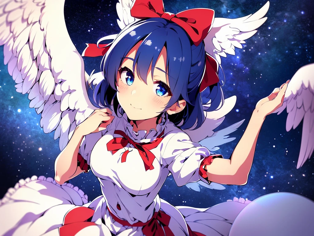 (best quality,4k,8k,highres,masterpiece:1.2), ultra-detailed, highly detailed texture, intricate details, A cute teenage angel with blue eyes, drawn in anime style, 1girl, , , 10 years old, medium blue hair, hair flaps, pink ribbon on head, well-formed face, blue eyes, angel girl, white blouse, puffy short sleeves, red ribbon, angel wings, long white skirt, red shoes, frills, ribbon head, A pair of angel wings on the back