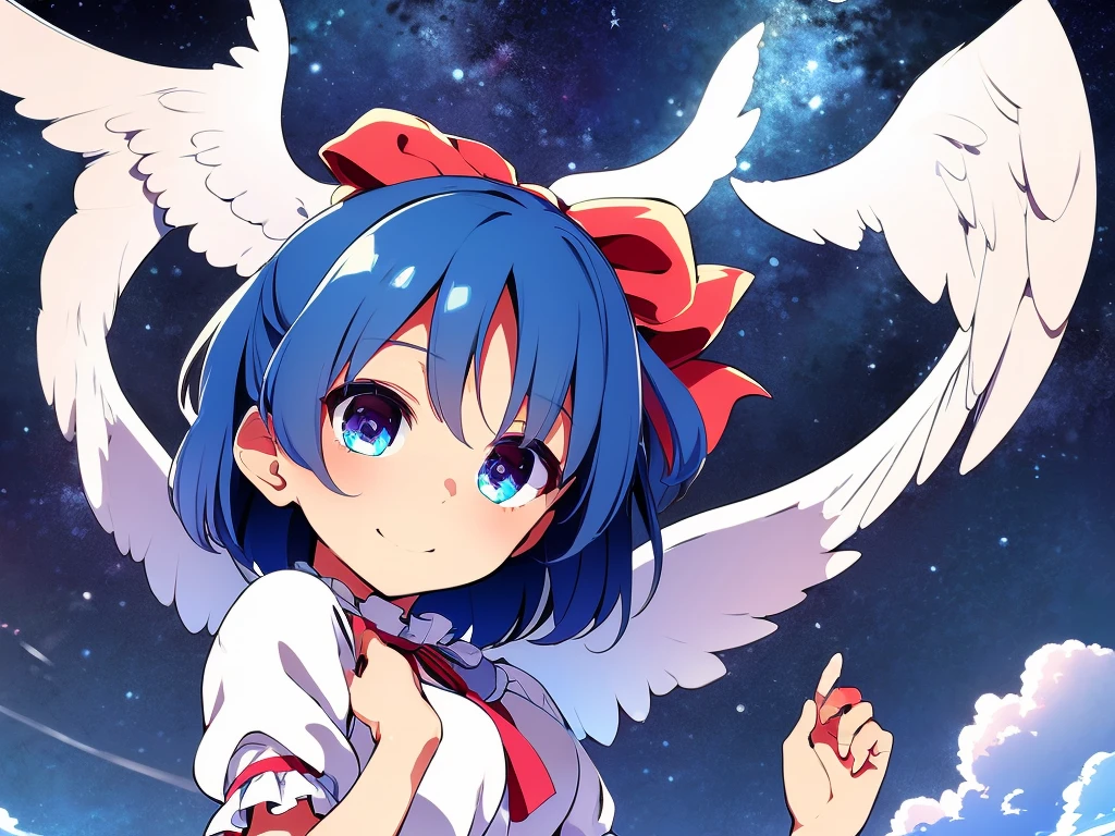 (best quality,4k,8k,highres,masterpiece:1.2), ultra-detailed, highly detailed texture, intricate details, A cute teenage angel with blue eyes, drawn in anime style, 1girl, , , 10 years old, medium blue hair, hair flaps, pink ribbon on head, well-formed face, blue eyes, angel girl, white blouse, puffy short sleeves, red ribbon, angel wings, long white skirt, red shoes, frills, ribbon head, A pair of angel wings on the back