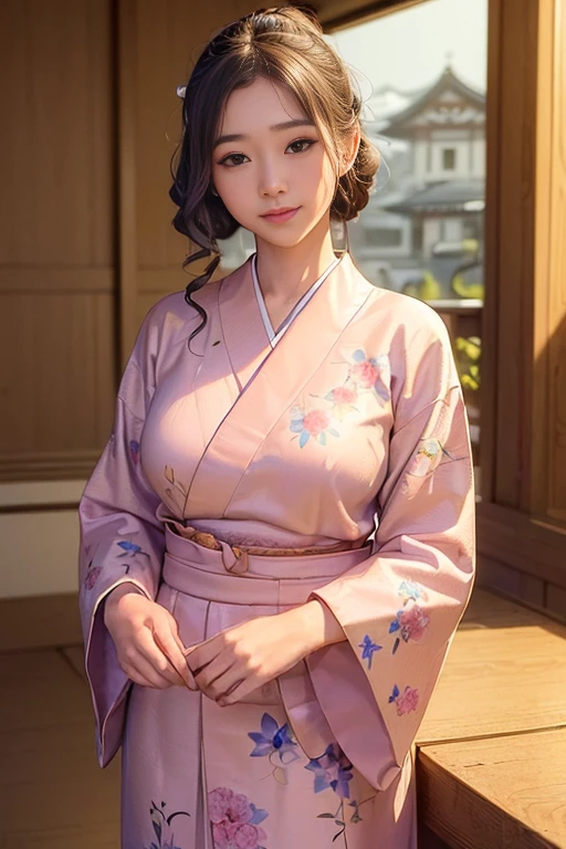 ((masterpiece, Extremely realistic, Photorealistic, Every detail counts, Highest quality, Realistic Shadows,Realistic glow, Every detail countsな目)), Maiko, , Wearing a pink furisode, Butterfly pattern on sleeve, smile, In Kyoto