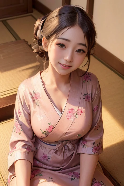 ((masterpiece, Extremely realistic, Photorealistic, Every detail counts, Highest quality, Realistic Shadows,Realistic glow, Every detail countsな目)), Maiko, 15 years old, Wearing a pink furisode, Butterfly pattern on sleeve, smile, In Kyoto