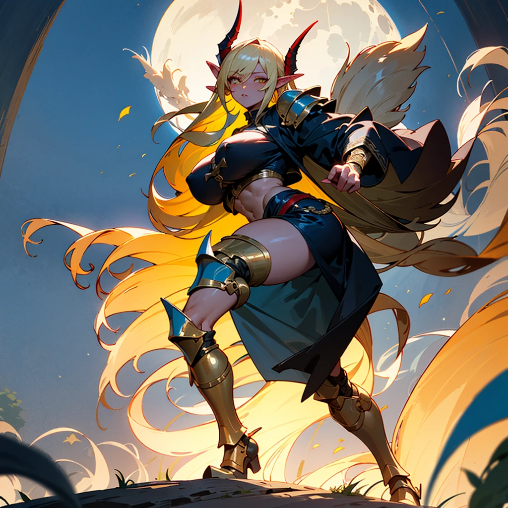 Demon warrior
((best quality)), ((masterpiece)), (detailed), 1girl, 8k_wallpaper, extremely detailed eyes, extremely detailed body, (large masterpiece digital art), ((perfect anatomy huge chest)), (intricate details:1.3 ), (ultra-detailed:1.3), (sharp focus:1.3), (natural lighting:1.05), (vivid colors:1.3), (best quality:1.4), high quality, expressive eyes, full body, tall girl, detailed face, beautiful face, perfect face, detailed ((blonde hair)), (gold eyes), ((large big red and blue horns)), {{dark skin}}, ({dark skinned female}), gigantic breasts, thick thighs, strong arm and leg muscles, strong abdominal muscles, Monster women, Korean women, wearing a modern short black cloth jacket with rolled up sleeves, (wearing heavy gold colored steel armor), a wide red leather belt with blue steel yarn, steel boots, steel thigh guards, running under by the light of the moon through the forest with long daggers in hands against a background of blooming flowers and grass with tall trees, market Street, market street, elves selling parts of various monsters and animals, eastern elven market, a modern elven city built in elven ancient traditions with modern technologies and ancient fantasy architecture, 8k_wallpaper, extremely detailed homes, extremely detailed homes,