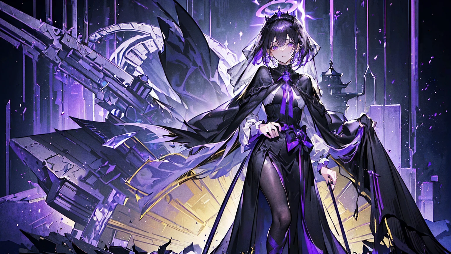 (Super detailed)),((illustration)),((masterpiece)),(((need))),((fine、Highest quality CG Unity 8K wallpapers,masterpiece),((4K,masterpiece,best quality)),Black hair queen,Royal sister,Sexy,Tall figure,Lilac eyes,Standing upright in a coffin,Mature,Hair Bunch,Hair tied on both sides,Black and gold gauze robe,Black and purple French vintage clothing,Gorgeous pure black cape,Black veil,Purple-white halo,Black and purple high heels,Wearing a crown on the head,Holding a knight's sword,pyramid,Emitting dim purple light,Brilliant palace,The deep sea is filled with coffins,Mysterious symbols,individual,Full body picture