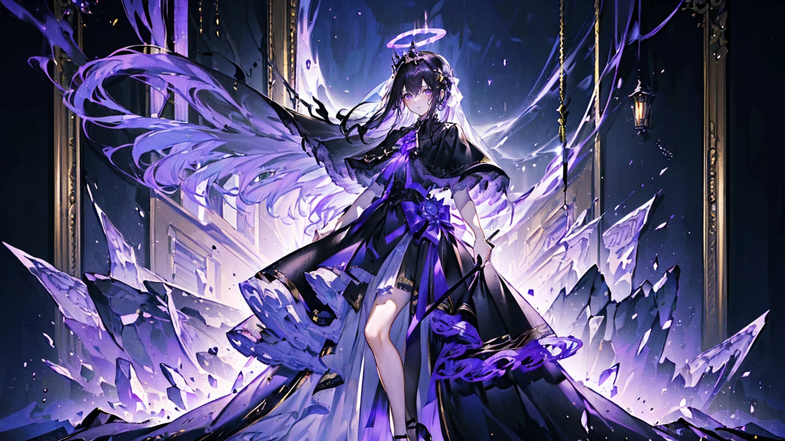 (Super detailed)),((illustration)),((masterpiece)),(((need))),((fine、Highest quality CG Unity 8K wallpapers,masterpiece),((4K,masterpiece,best quality)),Black hair queen,Royal sister,Sexy,Tall figure,Lilac eyes,Standing upright in a coffin,Mature,Hair Bunch,Hair tied on both sides,Black and gold gauze robe,Black and purple French vintage clothing,Gorgeous pure black cape,Black veil,Purple-white halo,Black and purple high heels,Wearing a crown on the head,Holding a knight's sword,pyramid,Emitting dim purple light,Brilliant palace,The deep sea is filled with coffins,Mysterious symbols,individual,Full body picture