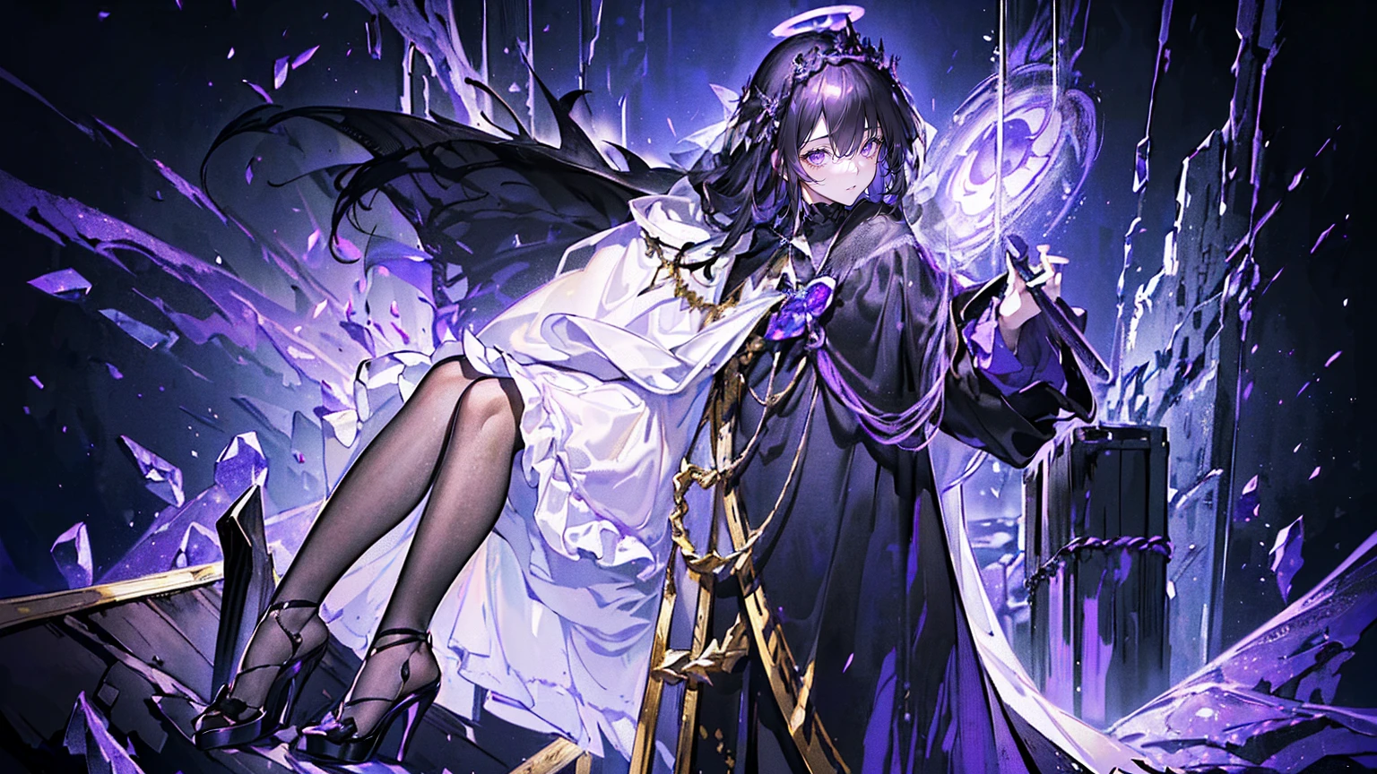 (Super detailed)),((illustration)),((masterpiece)),(((need))),((fine、Highest quality CG Unity 8K wallpapers,masterpiece),((4K,masterpiece,best quality)),Black hair queen,Royal sister,Sexy,Tall figure,Lilac eyes,Standing upright in a coffin,Mature,Hair Bunch,Hair tied on both sides,Black and gold gauze robe,Black and purple French vintage clothing,Gorgeous pure black cape,Black veil,Purple-white halo,Black and purple high heels,Wearing a crown on the head,Holding a knight's sword,pyramid,Emitting dim purple light,Brilliant palace,The deep sea is filled with coffins,Mysterious symbols,individual,Full body picture