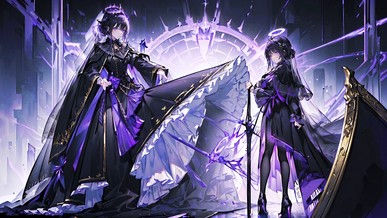 (Super detailed)),((illustration)),((masterpiece)),(((need))),((fine、Highest quality CG Unity 8K wallpapers,masterpiece),((4K,masterpiece,best quality)),Black hair queen,Royal sister,Sexy,Tall figure,Lilac eyes,Standing upright in a coffin,Mature,Hair Bunch,Hair tied on both sides,Black and gold gauze robe,Black and purple French vintage clothing,Gorgeous pure black cape,Black veil,Purple-white halo,Black and purple high heels,Wearing a crown on the head,Holding a knight's sword,pyramid,Emitting dim purple light,Brilliant palace,The deep sea is filled with coffins,Mysterious symbols,individual,Full body picture