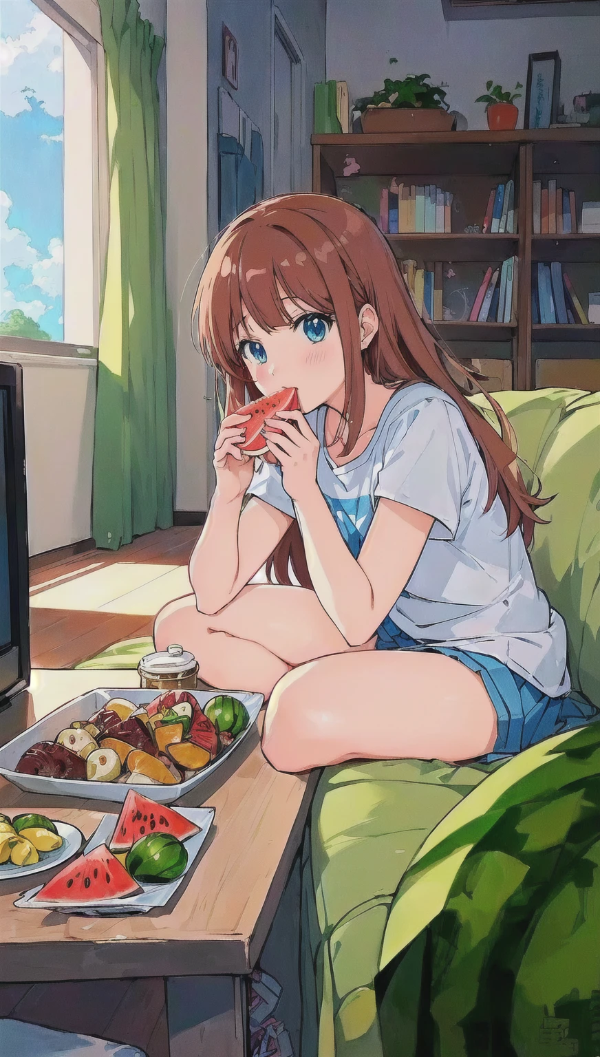 Anime Girl sitting on a couch eating a slice of watermelon, Anime Food, cute Anime Girl, Anime style 4k, attractive Anime Girl, Cute anime, Cute girl anime visual, pretty Anime Girl, (Anime Girl), Anime pictures, young Anime Girl, Lo-Fi Girl, High-quality anime art style, beautiful Anime Girl, Slice of life anime, Anime Wallpaper