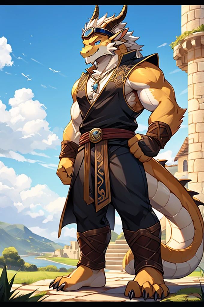 HD,noon,Blue sky,castle,grassland,Single player,Western dragon animal humanoid,hairy,juvenile,Cute face,Strong body,Male image,Full body standing,Short hair details,Western faucet,golden dragon horn,Golden beard,White jaw hair,Golden back hair,White belly hair,White mane extends from the top of the head to the tail,Thick and long dragon tail,White hair on the tip of the tail,Golden arm,Golden paws,Left Fist,Left Fist上附有闪电,The right hand naturally droops,The limbs are dragon claws,4 Gold Finger,4 golden toes,Pink pads on the palms and soles,,Lift one foot,Show your soles,Look to the left,A happy expression with tongue sticking out slightly,blue eyes ,Cute eyes ,Black vest,Expose the chest and abdomen,black rubber tights,Silver sapphire necklace,Wear goggles on your head,Metal combat gloves on hands,Wear a metal belt around your waist,permanent。