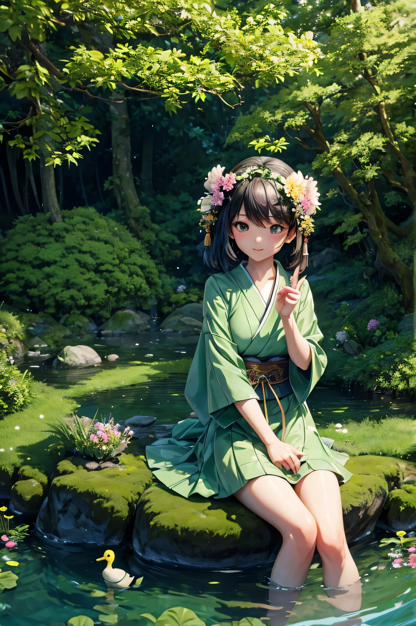 A Japanese girl sitting on green rock surface putting her legs in water and surrounded with full of green trees and flowers, camera view from far, detailed girl, detailed face, detailed dress, detailed water, detailed trees, detailed flowers, detailed duck, detailed rock, best quality, highly detailed, masterpiece, 8k scene.