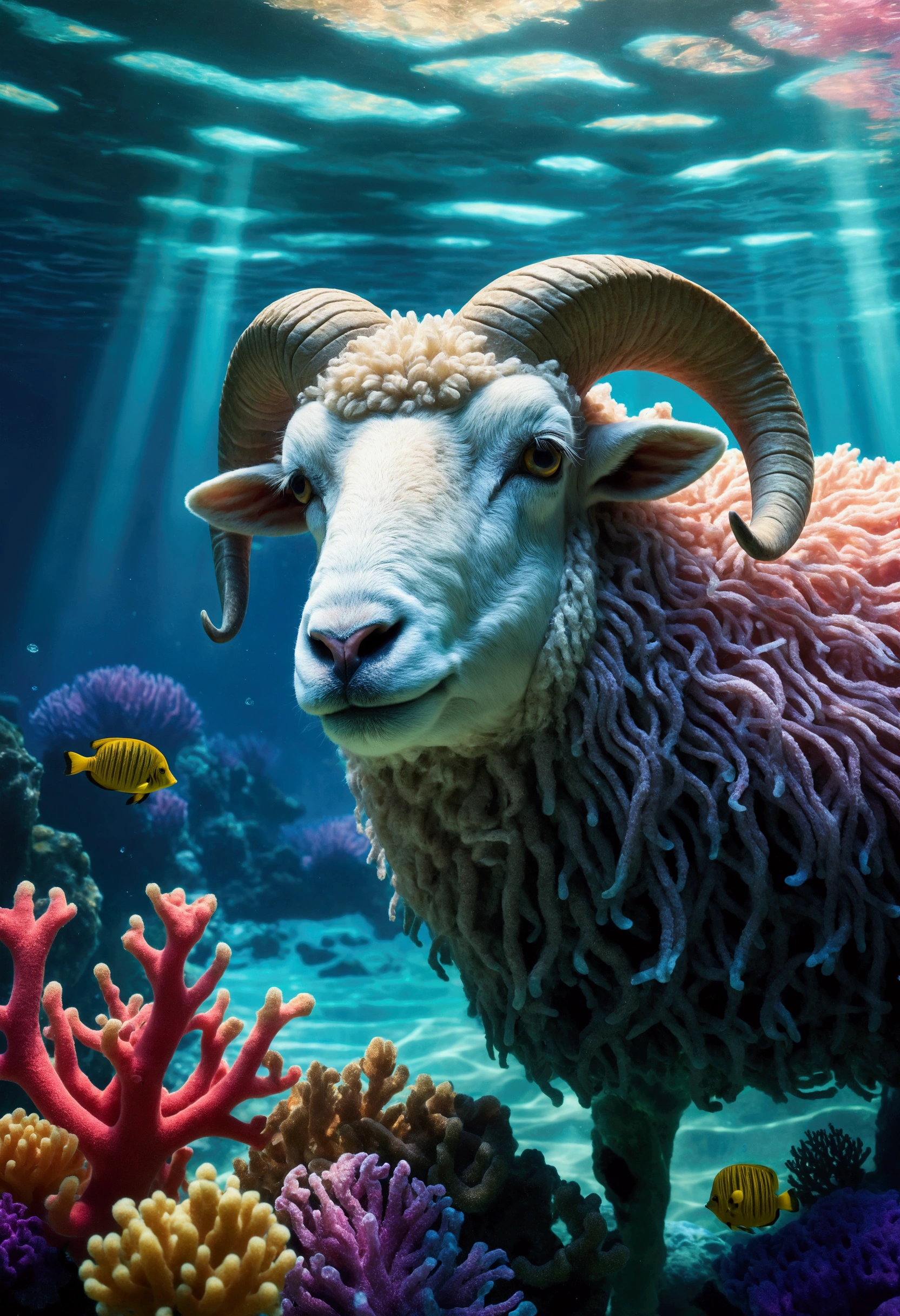 masterpiece,top-quality,Big underwater sheep,Deep sea scenery,Beautiful detailed eyes,Ultra-detailed wool,Floating seaweed,dreamy colors,Soft lighting,hight resolution,nffsw,Ethereal scene in the water,Marine life,Mysterious atmosphere,Tranquility and peace,Underwater coral reefs,Sunlight penetrating the surface of the water,Onylic Landscape,Dreamy underwater journey,Bright blue tones,Magical creatures,peaceful expression