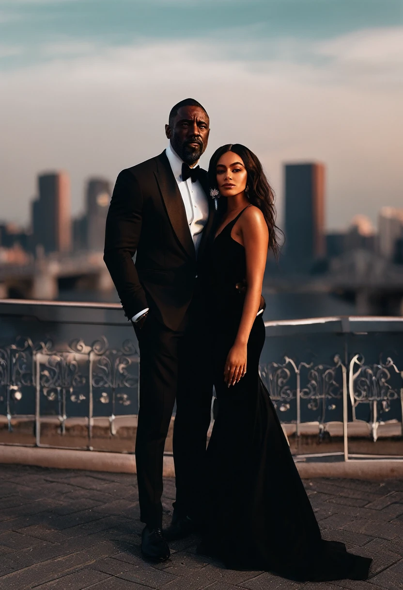 a woman in a black suit and a man in a black tuxedo, Alena Aenami and Idris Elba, 24 years old, an elegant Couple, beautiful city alone black woman, lovely Couple, Dark skin, anato finnstark and alena aenami, photorealistic perfect body, Ebony, ( ( Dark skin ) ), sharp black skin, Couples portrait, Couple, Couple pose