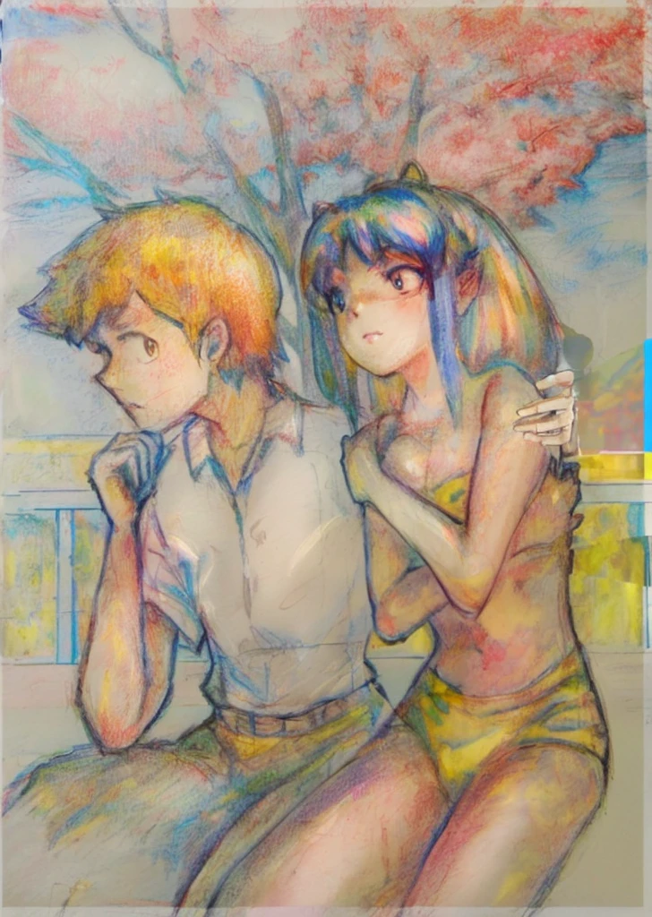 Painting of two couples sitting on a bench with trees in the background, Jamie Hewlett and Ayami Kojima, Frank Franzeta and Sakimi-chan, drawn by Anime Painter Studio, Yukika Kamisaka, Shingei, Nobutada Yanagawa, 90s anime art style, Japanese anime style, vintage colors in anime, Lum and Ataru from Urusei Yatsura