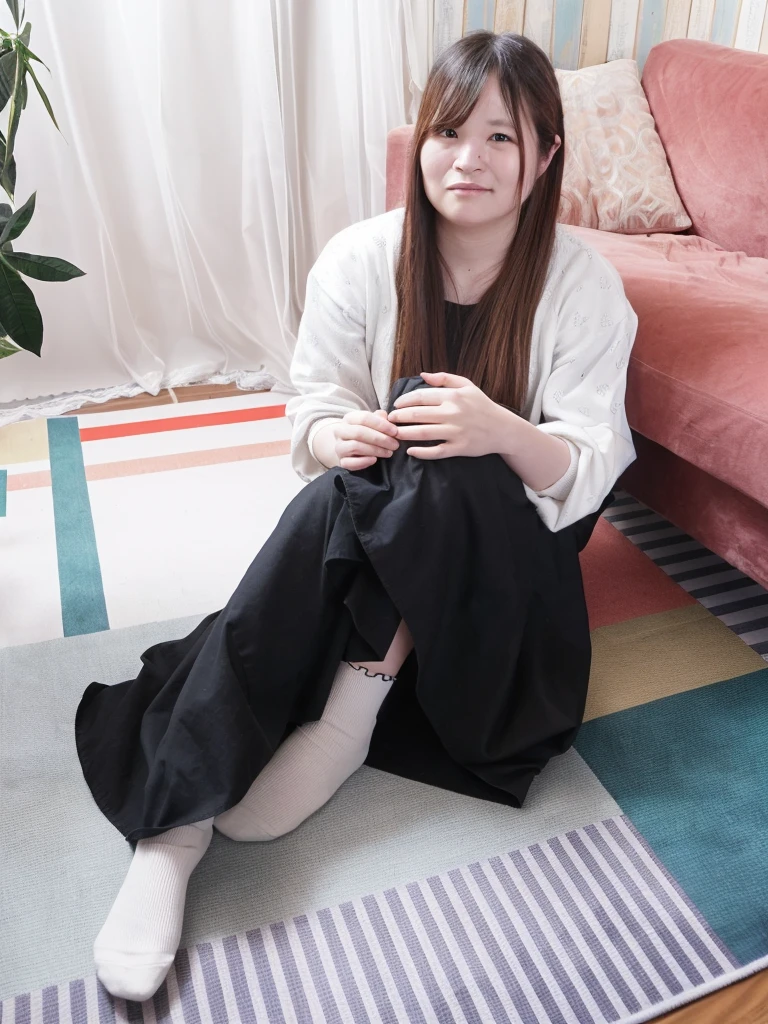 arafed woman sitting on the floor in front of a couch, in a japanese apartment, wearing hakama, chiho, designed for cozy aesthetics!, wearing a haori, sitting on the floor, taken with canon 8 0 d, harumi, inspired by Itō Shinsui, wearing a simple robe, taken with canon eos 5 d mark iv