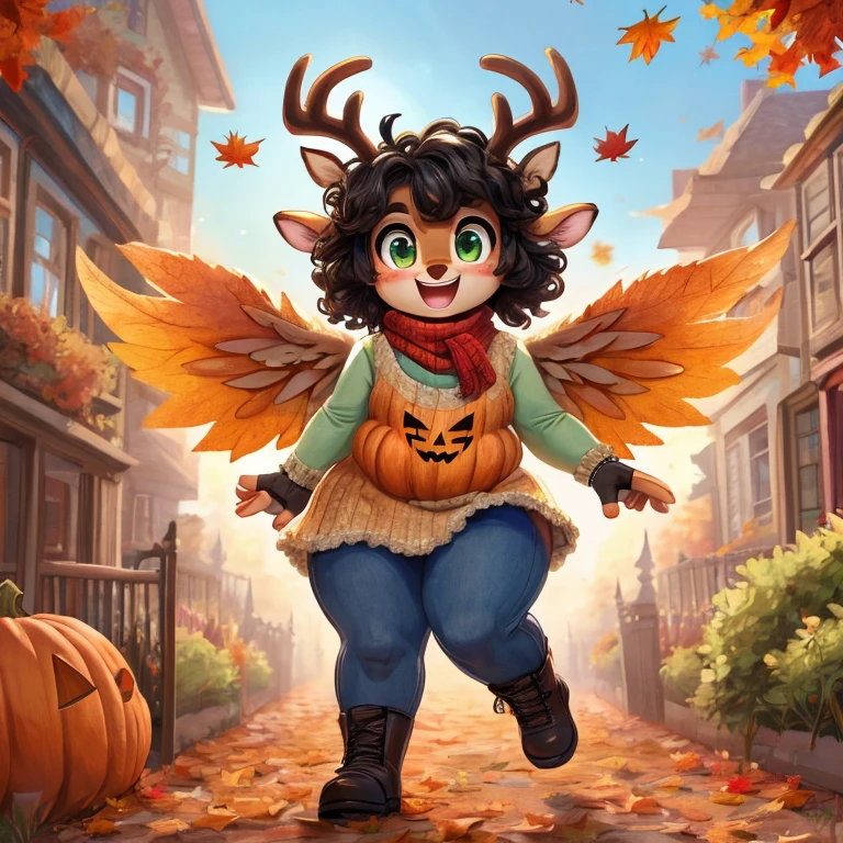 Cute, deer boy, small deer antlers, innocent, chubby, fat, big thighs, androgynous, femboy, short curly hair, black hair, fawn spots, freakles, ((cute)), smiling, wearing cottage core outfit, pastel color scheme, young, cartoony, adorable, deer tail, moss green eyes, angel wings, dynamic pose, excited pose, energetic pose, happy pose, autumn, fallen leaves, autumn colors, walking through a bustling city during autumn, pumpkins, orange leaves, Halloween decorations, wearing a basic long-sleeve tee layered with a wool vest with a straight-leg jeans with a slight cuff and combat boots with a chunky knit scarf and fingerless gloves,