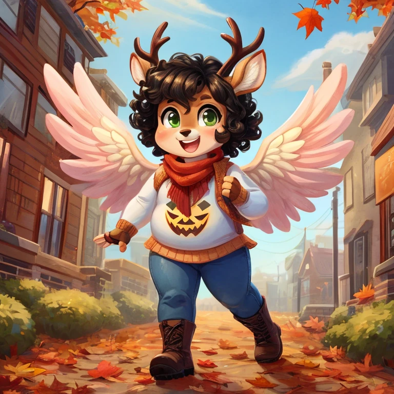 Cute, deer boy, small deer antlers, innocent, chubby, fat, big thighs, androgynous, femboy, short curly hair, black hair, fawn spots, freakles, ((cute)), smiling, wearing cottage core outfit, pastel color scheme, young, cartoony, adorable, deer tail, moss green eyes, angel wings, dynamic pose, excited pose, energetic pose, happy pose, autumn, fallen leaves, autumn colors, walking through a bustling city during autumn, pumpkins, orange leaves, Halloween decorations, wearing a basic long-sleeve tee layered with a wool vest with a straight-leg jeans with a slight cuff and combat boots with a chunky knit scarf and fingerless gloves,