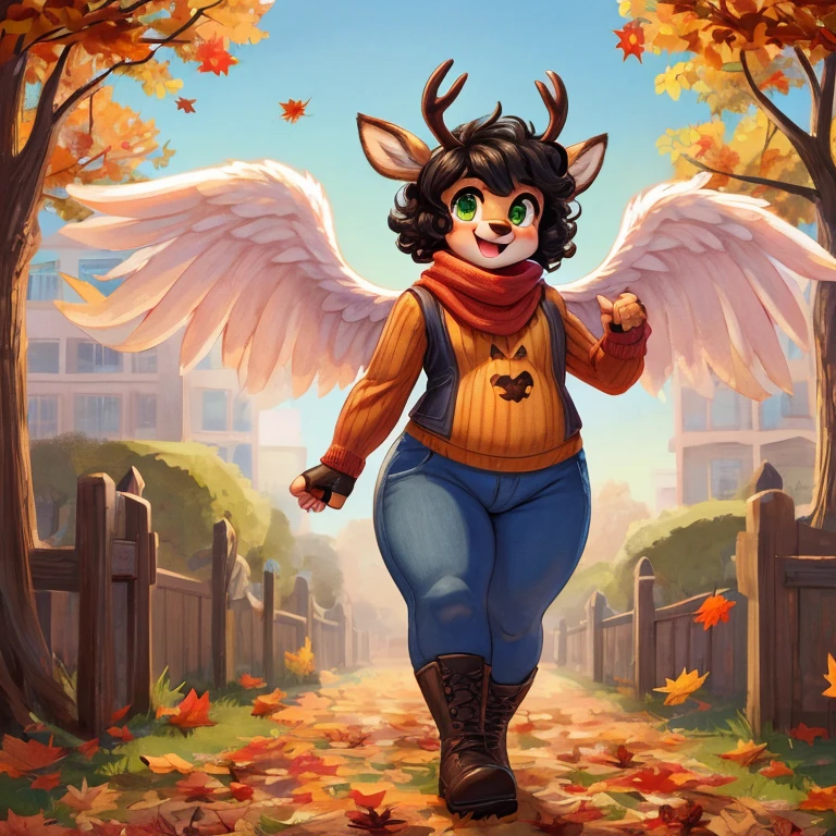 Cute, deer boy, small deer antlers, innocent, chubby, fat, big thighs, androgynous, femboy, short curly hair, black hair, fawn spots, freakles, ((cute)), smiling, wearing cottage core outfit, pastel color scheme, young, cartoony, adorable, deer tail, moss green eyes, angel wings, dynamic pose, excited pose, energetic pose, happy pose, autumn, fallen leaves, autumn colors, walking through a bustling city during autumn, pumpkins, orange leaves, Halloween decorations, wearing a basic long-sleeve tee layered with a wool vest with a straight-leg jeans with a slight cuff and combat boots with a chunky knit scarf and fingerless gloves,