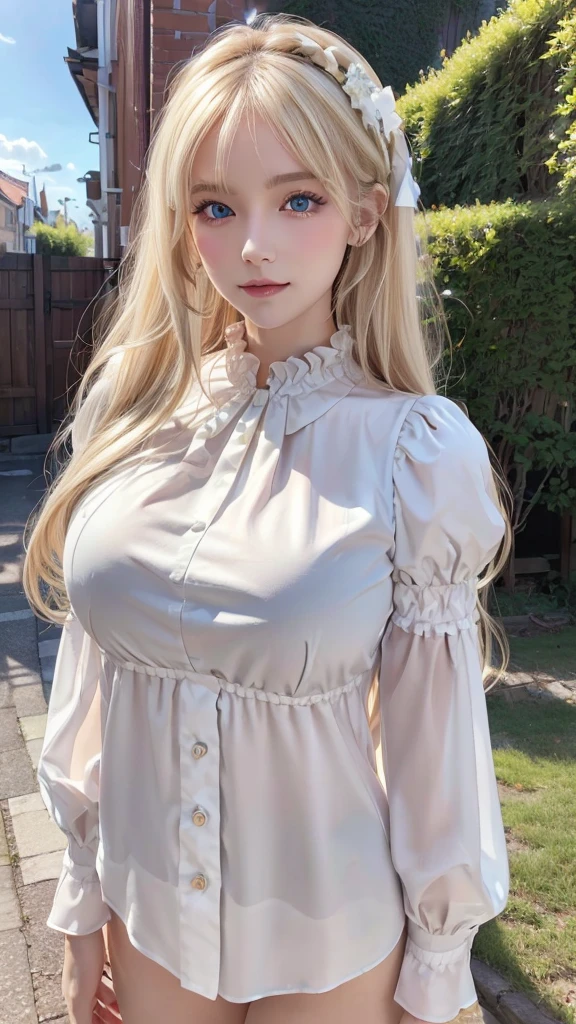 (((White Blonde、forehead、White background、Frilled blouse、round face、Northern Europe、Russia、)))、Beautiful and fair、Glowing Skin, 3 Up, nice, bright, Refreshing and gentle look, Perfect beautiful face、White Blondeのロングヘア,Beautiful shiny bangs, Very beautiful girl, eyeliner, So perfect and beautiful、Lovely large, clear, sky-blue eyes,Very large breastuscular body,