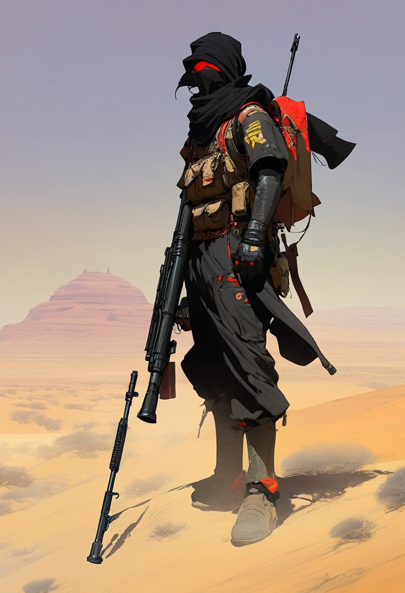 score_9, score_8_up, score_7_up, score_6_up, score_5_up, score_4_up, 1man, Western, Desert, red sun, scorching sun, arid, black clothes, Horizon, far away, Eyes shining, old sniper carabina, Year 1600 AC, Wild West