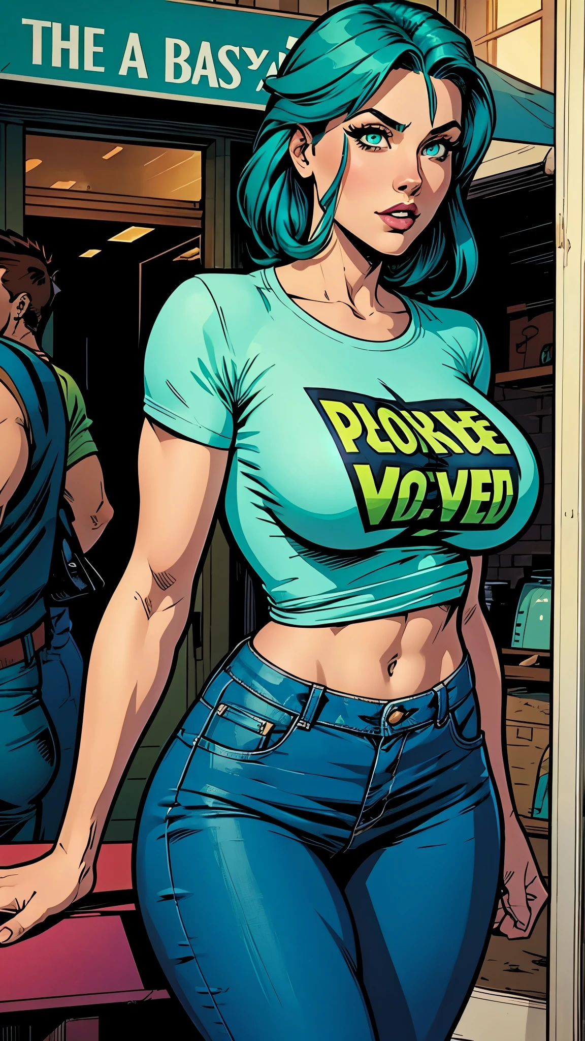 beautiful,eyes green,blue hair,mint t-shirt,jeans. female,1girl, busty. Voluptuos. Comic style. Marvel comics.