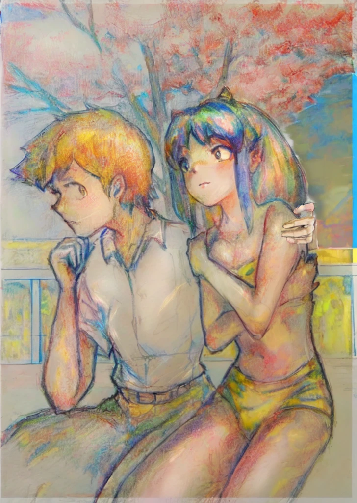 Painting of two couples sitting on a bench with trees in the background, Jamie Hewlett and Ayami Kojima, Frank Franzeta and Sakimi-chan, drawn by Anime Painter Studio, Yukika Kamisaka, Shingei, Nobutada Yanagawa, 90s anime art style, Japanese anime style, vintage colors in anime, Lum and Ataru from Urusei Yatsura