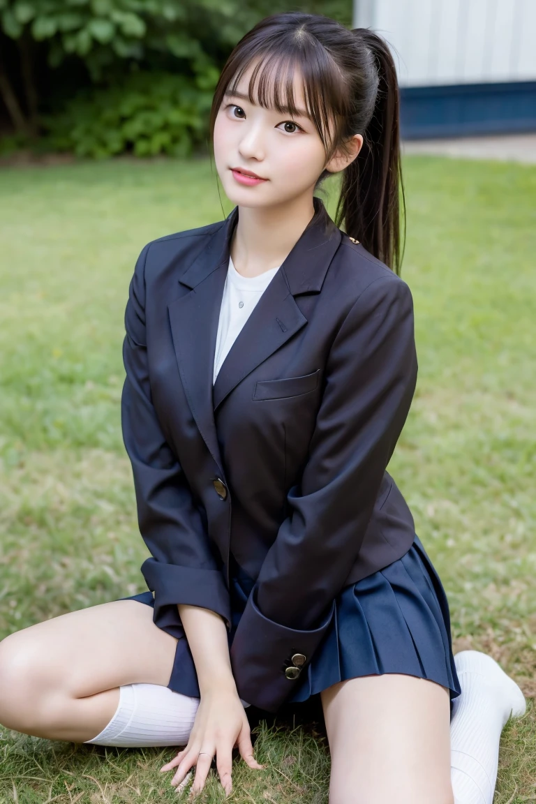 high detail、high quality、8K Photo、Japanese high school girls、One beautiful girl、In uniform、(Brown blazer、Blue checked pleated skirt、Navy blue knee socks、Brown Loafers、ponytail、Double eyelids、White panties)、Sitting on the grass、Raise your knees and sit with your buttocks on the ground