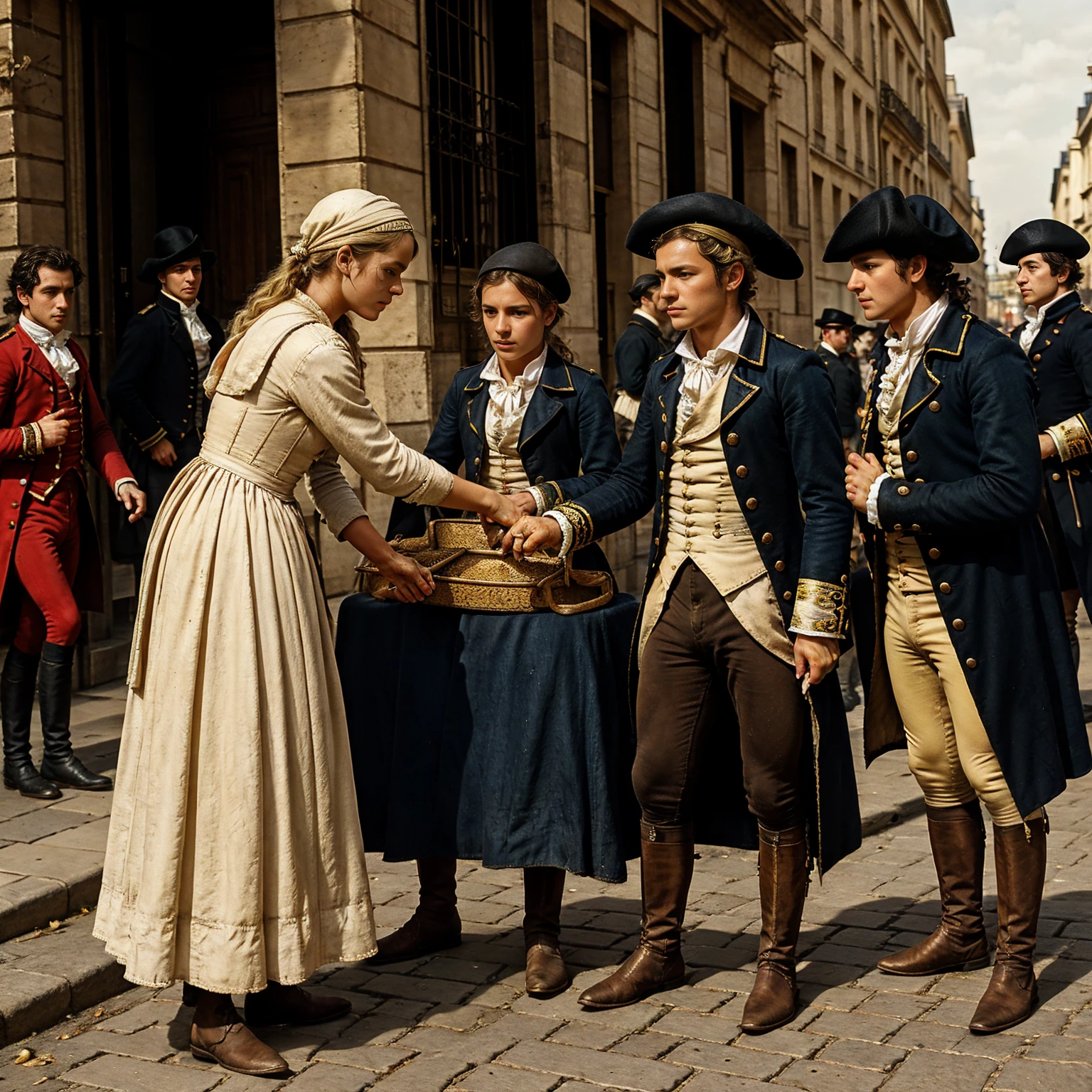 During the French Revolution,18 century ,Begging on the street、Wearing rags、The face is dirty, Poor girl, Beautiful young farm girl, Gold hair, Streets of Paris, Napoleon's soldiers are marching, accurate, anatomically correct, textured skin, beautiful fingers super detail, high details, high quality, UHD, accurate, anatomically correct, textured skin, beautiful fingers super detail, high details, high quality, best quality
