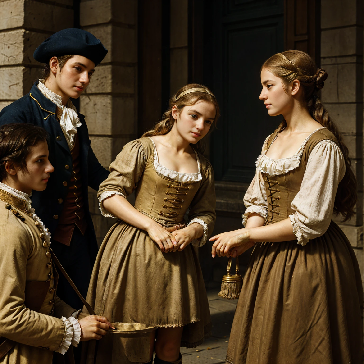 During the French Revolution,18 century ,Begging on the street、Wearing rags、The face is dirty, Poor girl, Beautiful young farm girl, Gold hair, Streets of Paris, Napoleon's soldiers are marching, accurate, anatomically correct, textured skin, beautiful fingers super detail, high details, high quality, UHD, accurate, anatomically correct, textured skin, beautiful fingers super detail, high details, high quality, best quality