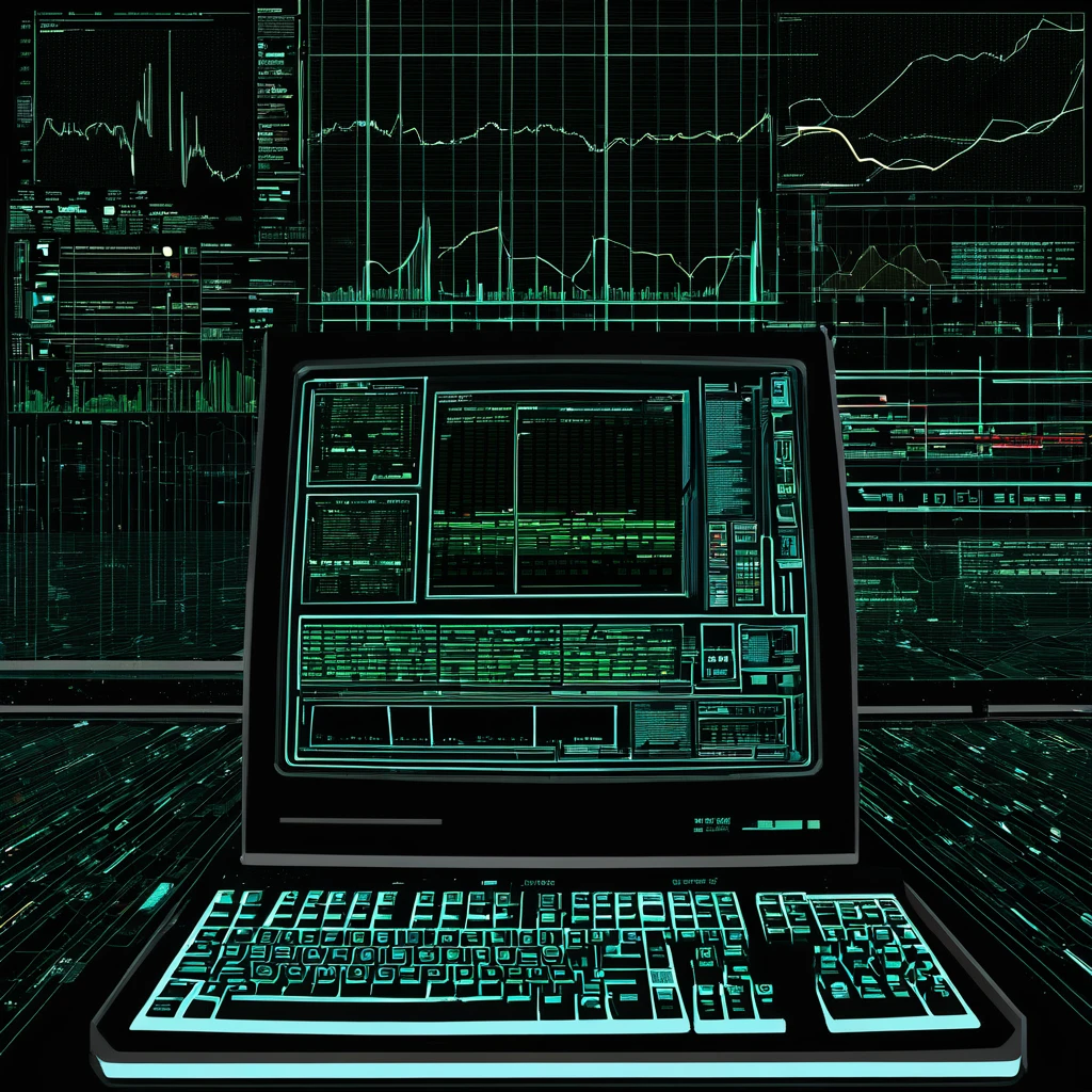 fake sci-fi computer terminal illustration with charts, some text and simple colors, front-view, illustration