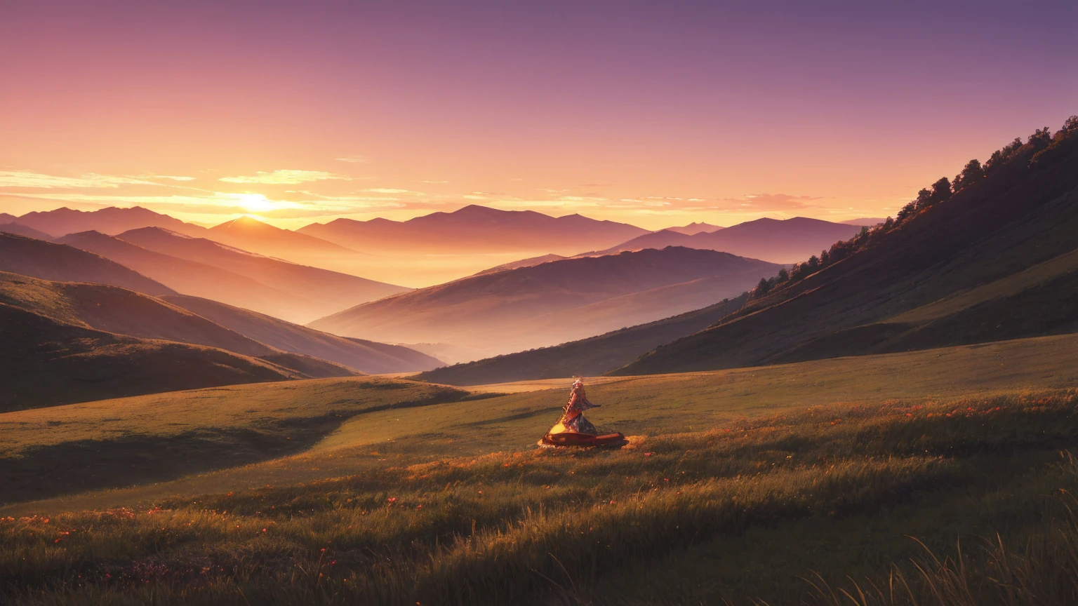 A 16:9 anime-style illustration depicting a female bard on her journey at sunset. The bard is dressed in flowing, colorful attire, with a musical instrument, such as a lute or harp, slung over her back. She is walking along a path through a vast grassland, with the warm glow of the setting sun casting long shadows. The wind is gently blowing, causing her hair and clothes to flutter. The background features rolling hills, distant mountains, and a sky painted with vibrant hues of orange, pink, and purple. The atmosphere is serene and full of adventure.